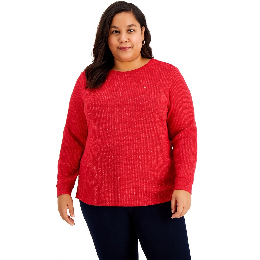 Tommy Hilfiger Metallic Waffle-Knit Sweater Scarlet Women's Size XXL
